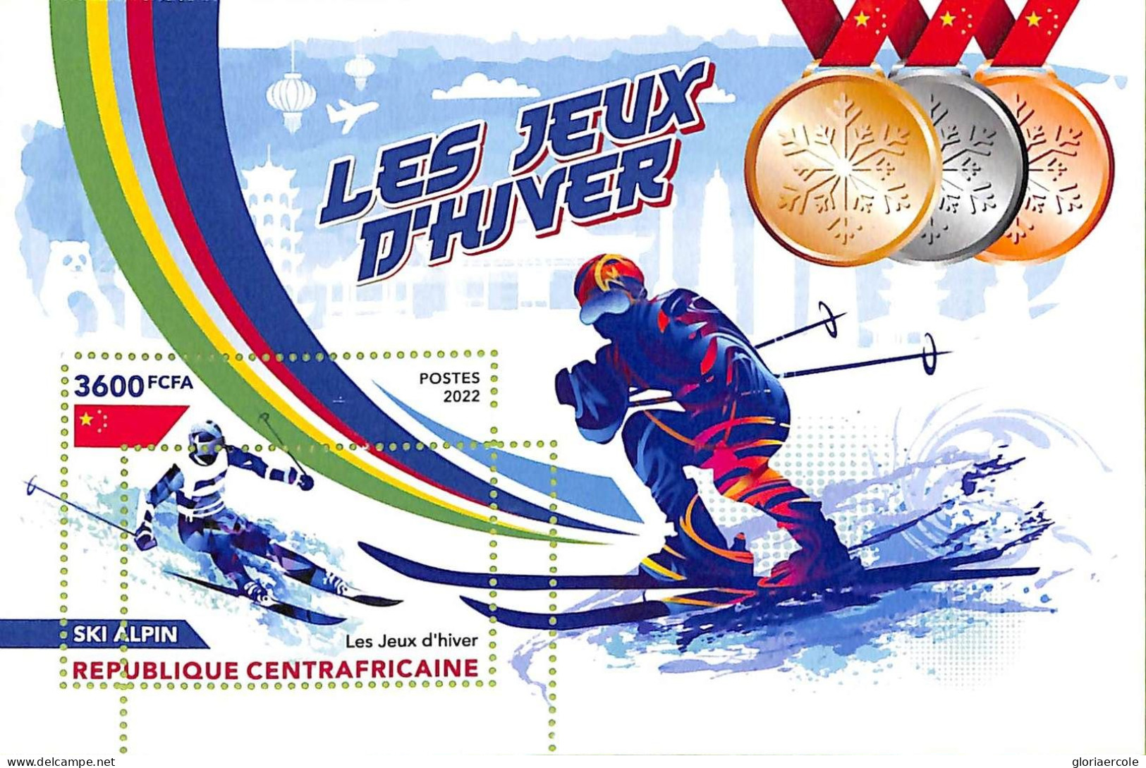 A7406 - CENTRAFRICAINE - ERROR MISPERF Stamp Sheet - 2022 - Sport  SKIING - Winter 2022: Peking