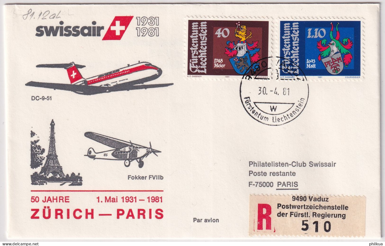 81.12. AL - SWISSAIR Jubiläumsflug 50 Jahre Zürich - Paris- Gelaufen Ab Liechtenstein - Aéreo