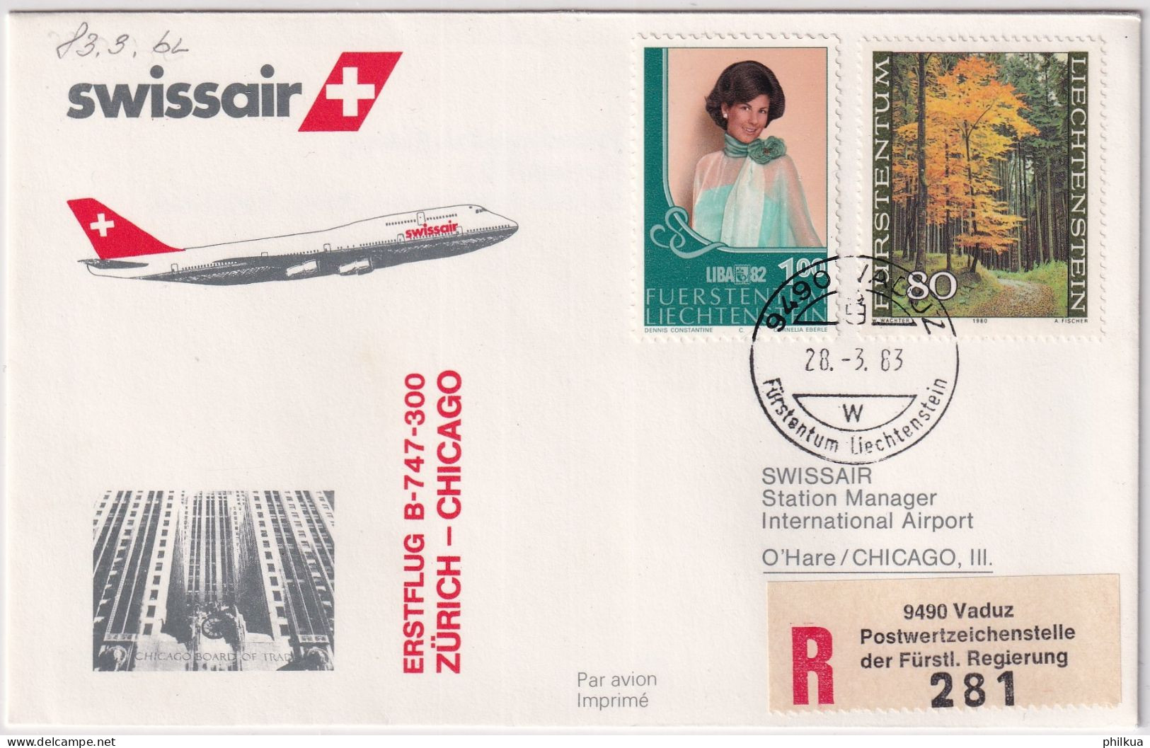 83.9. BL - SWISSAIR B-747-300 Erstflug Zürich - Chicago - Gelaufen Ab Liechtenstein - Luftpost