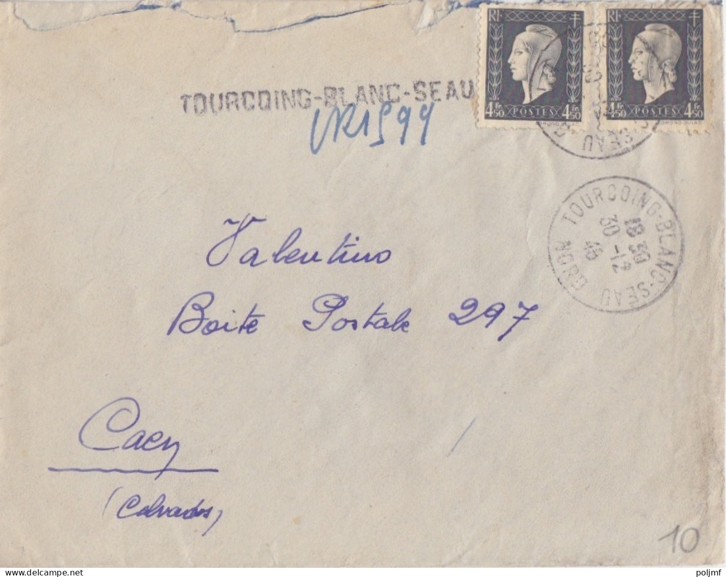 Lettre Rec. Provisoire Obl. Tourcoing-Blanc-Seau Le 30/12/46 Sur 4f50 Dulac X 2 N° 696 (dernier Jour Du Tarif Du 1/1/46) - 1944-45 Marianne Of Dulac