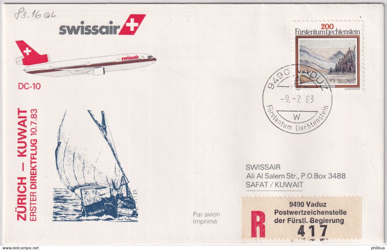 83.16. AL - SWISSAIR DC-10 Erser Direktflug Zürich - Kuwait - Gelaufen Ab Liechtenstein - Luchtpostzegels