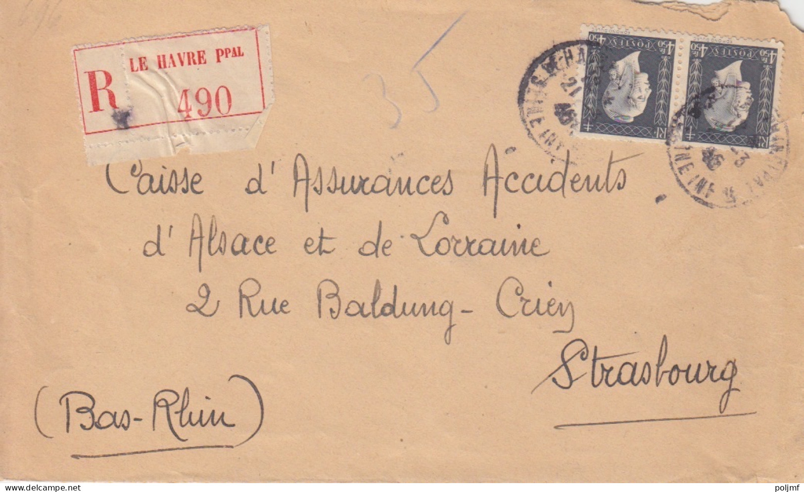 Lettre Rec. Obl. Le Havre Le 21/3/46 Sur 4f50 Dulac X 2 N° 696 (tarif Du 1/1/46) Pour Strasbourg - 1944-45 Marianne Of Dulac