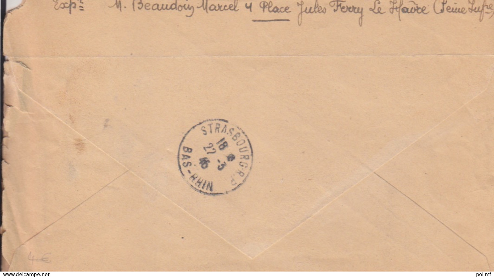 Lettre Rec. Obl. Le Havre Le 21/3/46 Sur 4f50 Dulac X 2 N° 696 (tarif Du 1/1/46) Pour Strasbourg - 1944-45 Marianne Of Dulac