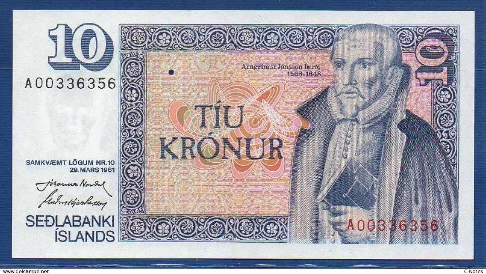 ICELAND - P.48 A4 – 10 Krónur L. 29.03.1961 UNC, S/n A00336356 - Signatures:  J. Nordal & G. Hjartarson - Iceland