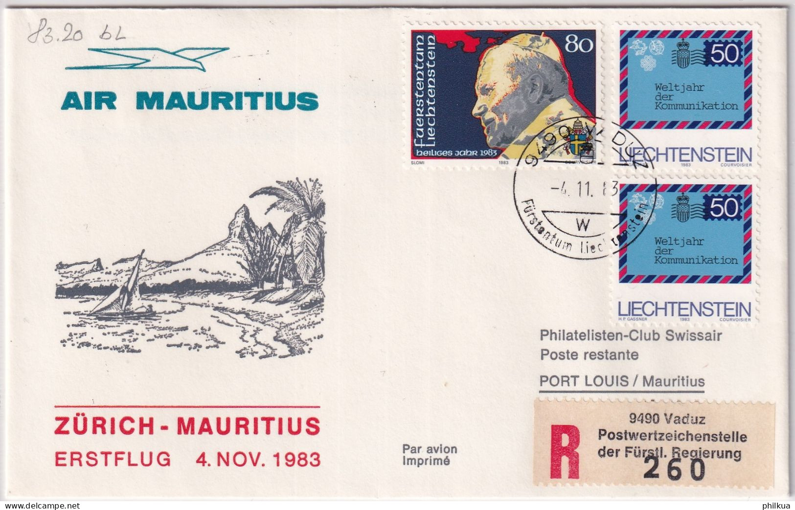 83.20. BL - Air Mauritius Erstflug Zürich - Mauritius - Gelaufen Ab Liechtenstein - Luftpost