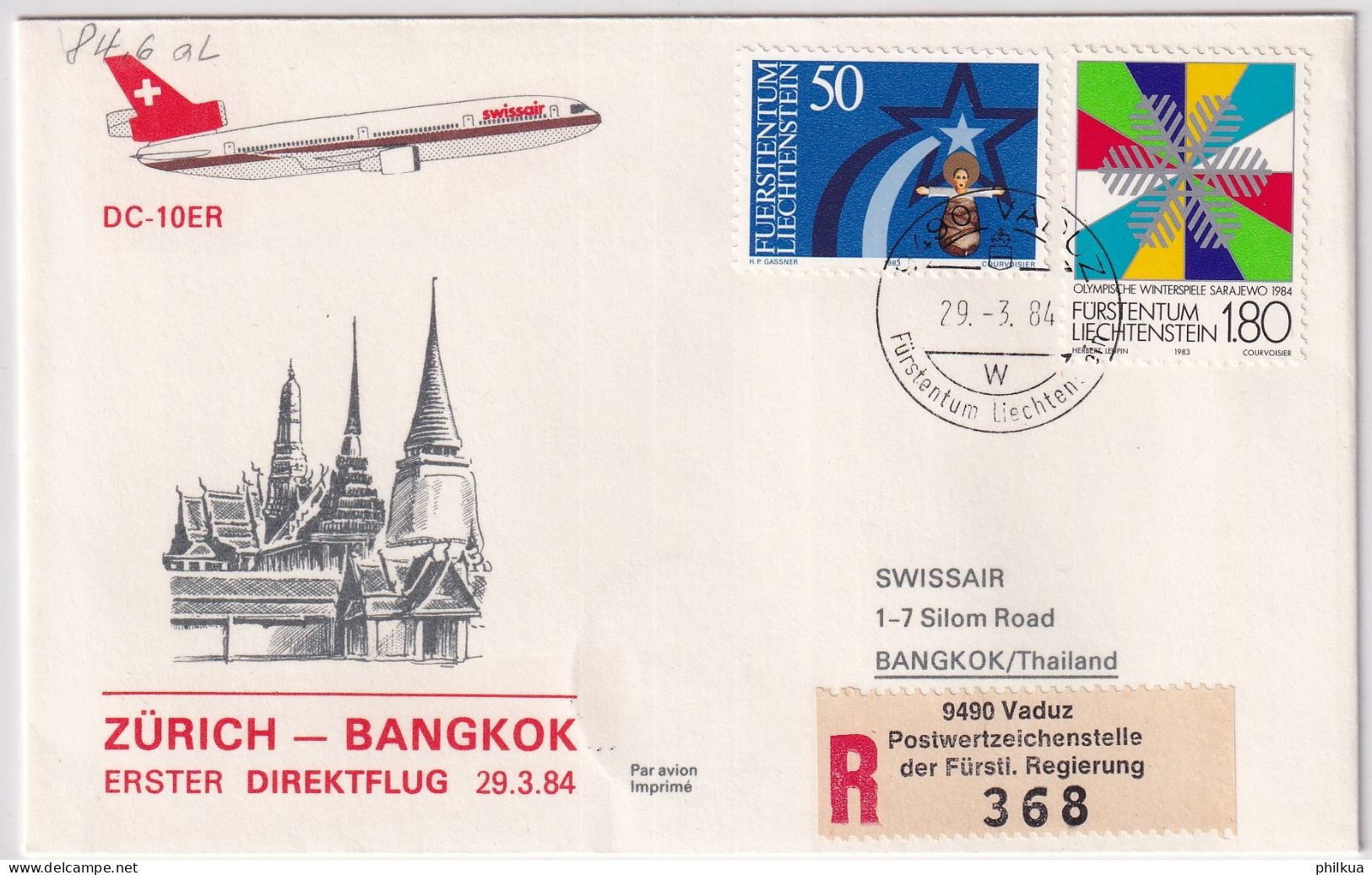 84.6. AL - SWISSAIR DC-10 Erster Direktflug Zürich - Bangkok- Gelaufen Ab Liechtenstein - Luftpost