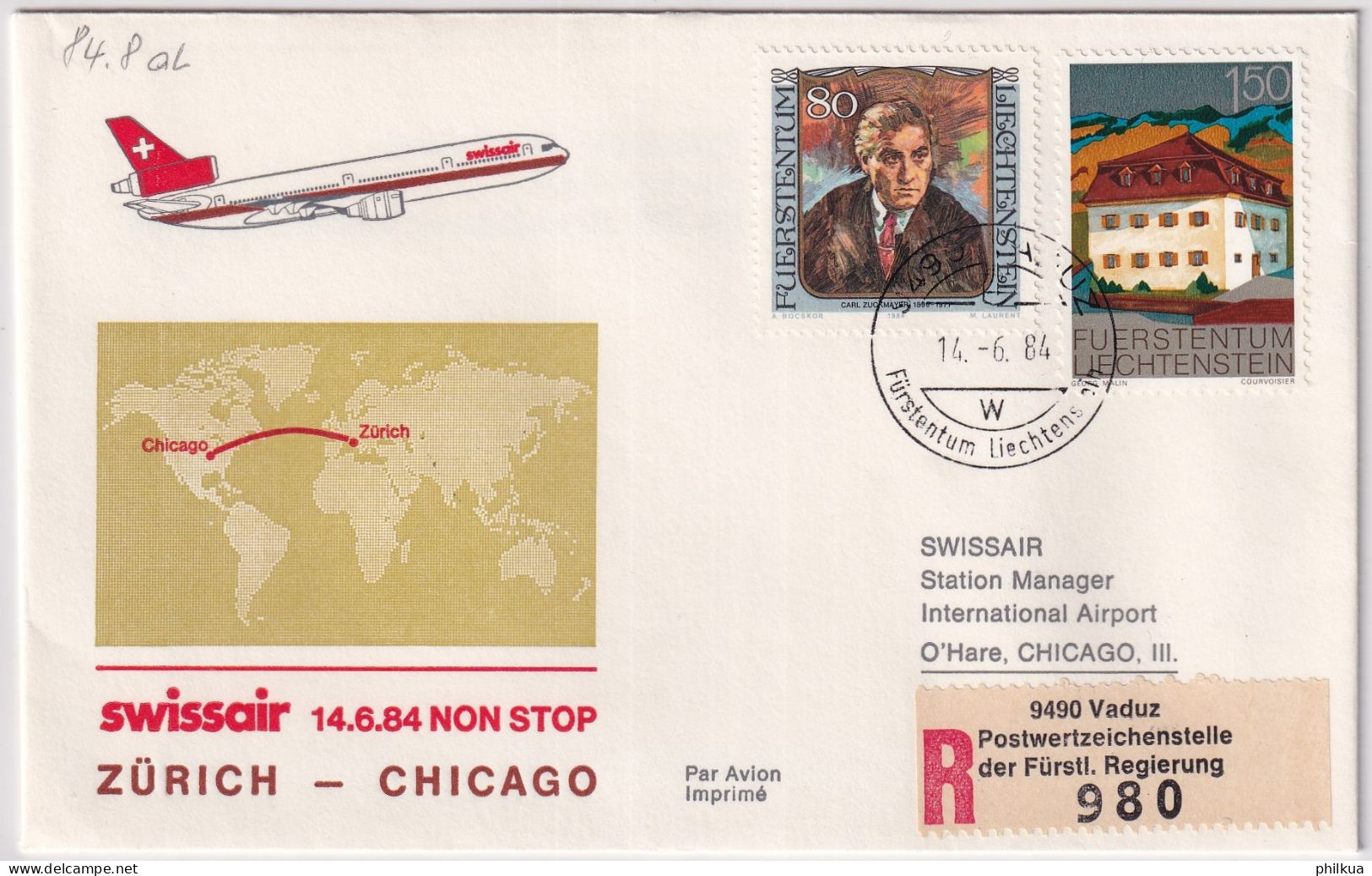 84.8. AL - SWISSAIR Erster Non Stop Flug Zürich - Chicago - Gelaufen Ab Liechtenstein - Poste Aérienne