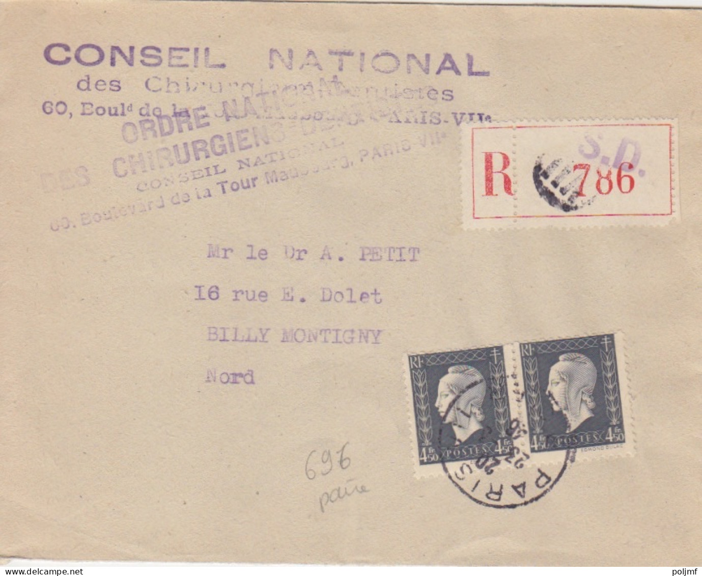 Lettre Rec. Du Conseil National Des Dentistes Obl. Paris VII Le 23/3/46 Sur 4f50 Dulac X 2 N° 696 (tarif Du 1/1/46) - 1944-45 Marianne Of Dulac