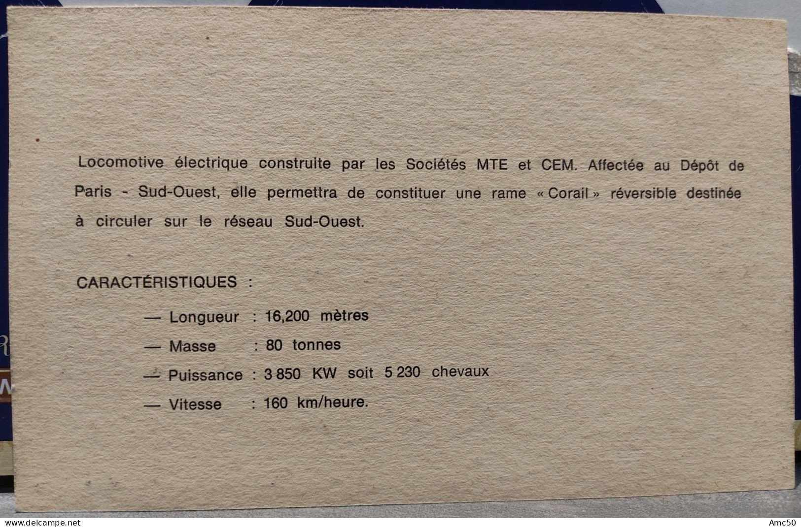 Carte SNCF 10,5x17cm ARPAJON 91 Locomotive électrique MTE Et CEM Rame Corail - Railway
