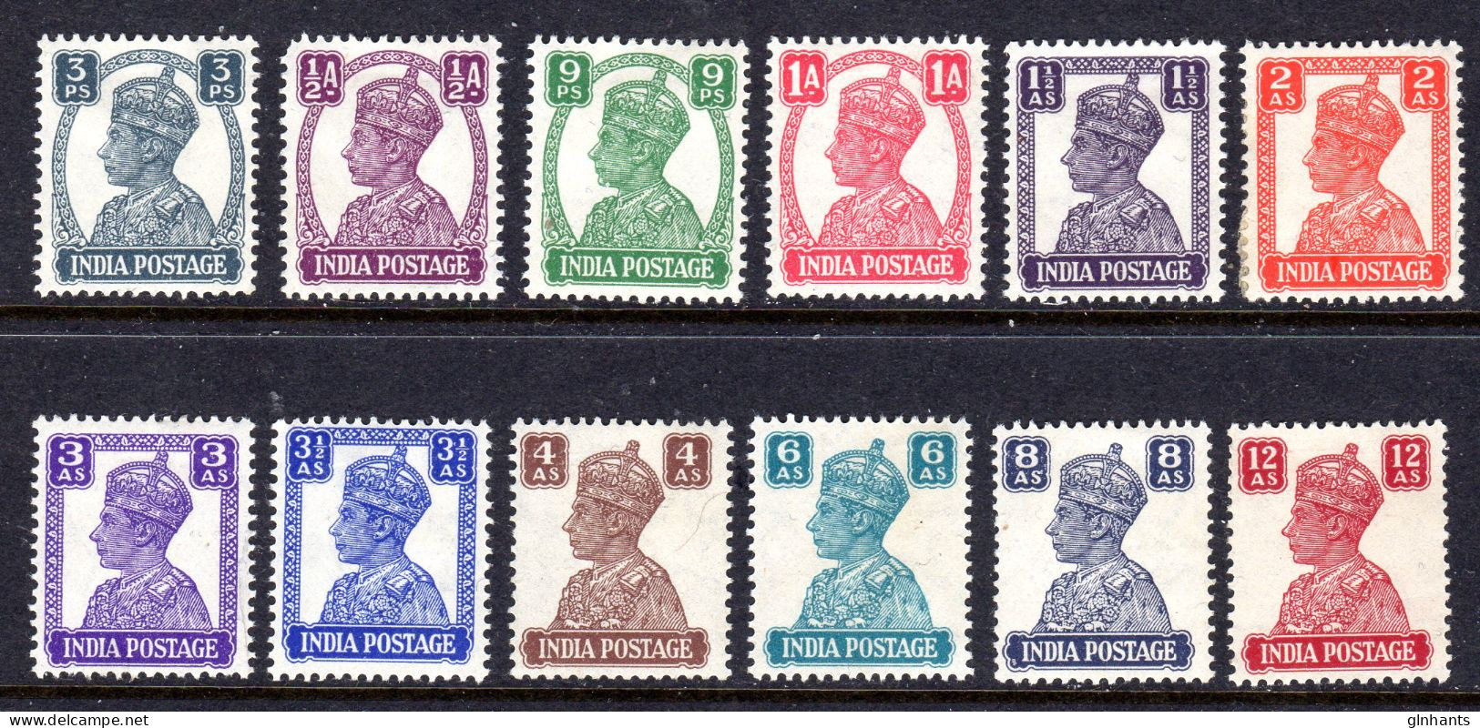 INDIA - 1940 KGVI DEFINITIVE PART SET (12V) MOUNTED MINT MM * (2 SCANS) - 1936-47 Koning George VI