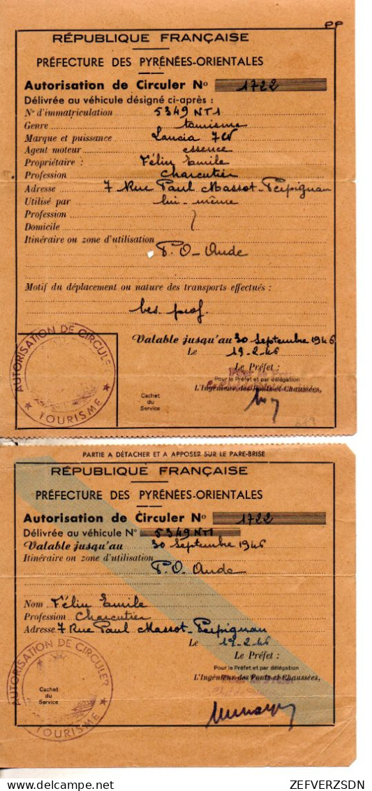 66 PERPIGNAN AUTORISATION DE CIRCULER PYRENEES ORIENTALES - Other & Unclassified