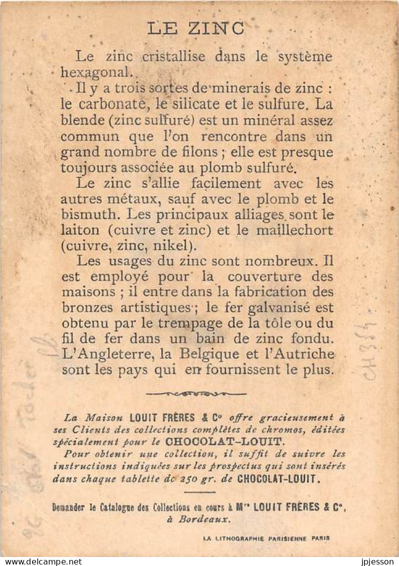 CHROMO - CHOCOLAT LOUIT - LES MINERAUX,  LE ZINC - ANGLETERRE - Louit