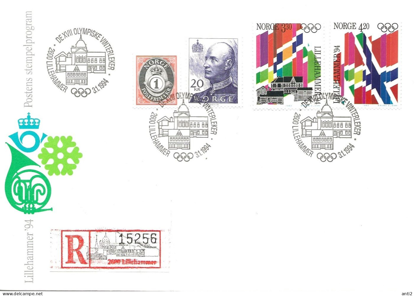 Norge Norway 1992 1994 Winter Olympics, Lillehammer (I). Flags Mi 1105-1106  Reg. Letter, Cover 3.1.94 - Covers & Documents