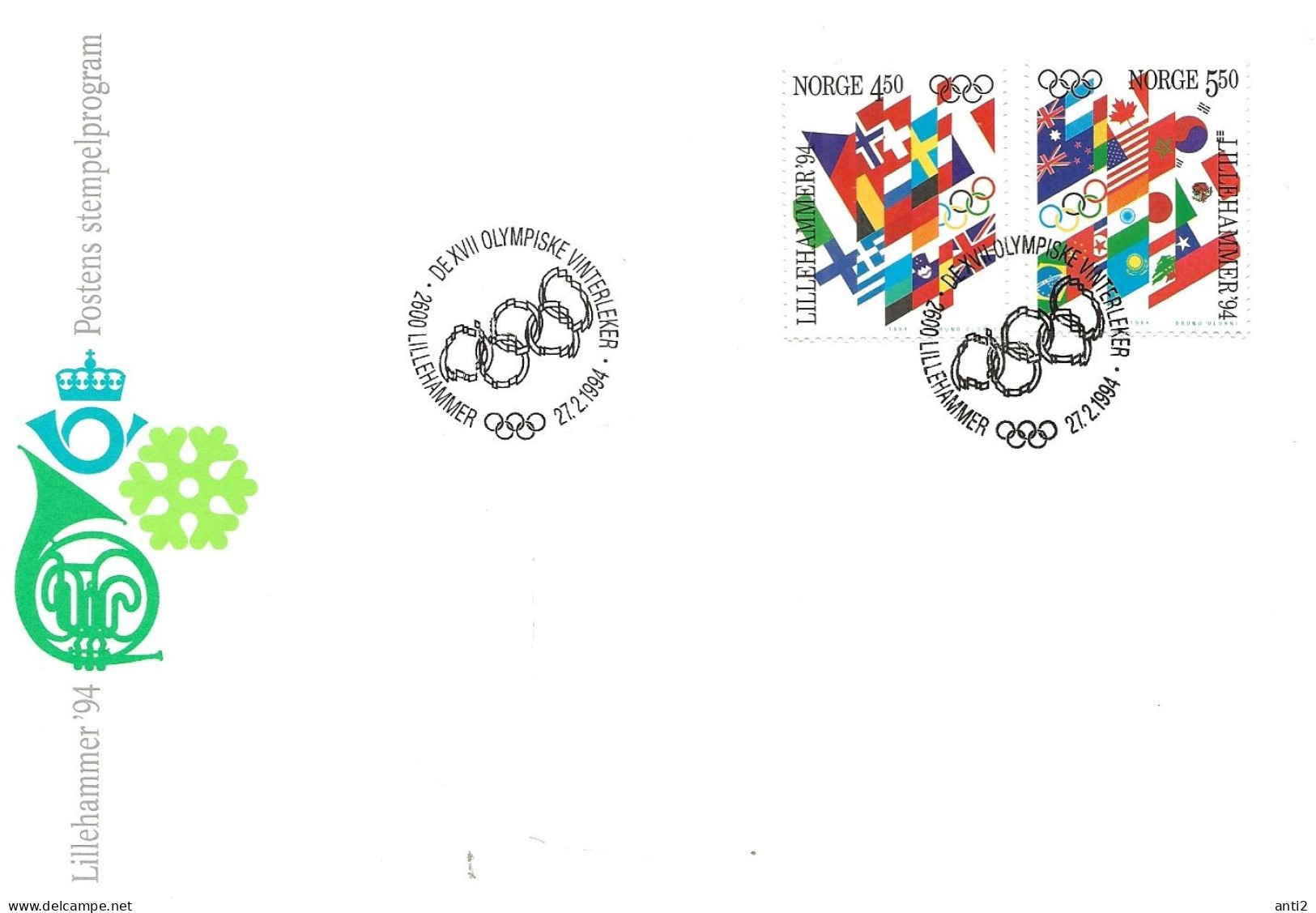 Norway Norge 1994 Olympic Winter Games Lillehammer 1994, Flags Mi 1145-1146 Cover Cancelled 7.2.1994 - Cartas & Documentos