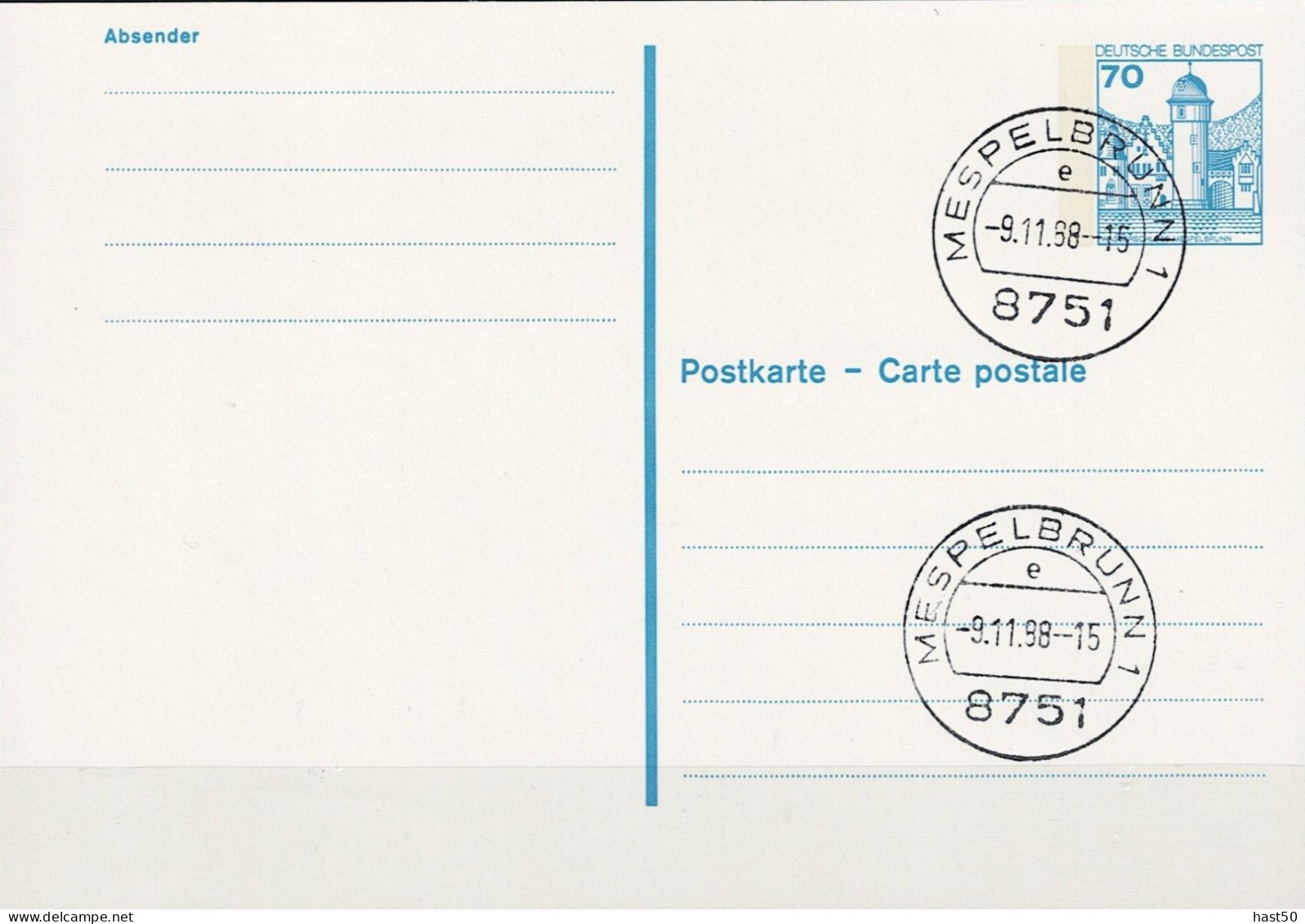 Deutschland Germany Allemagne - Postkarte Wasserschloss Mepsenbrunn (MiNr: P 136 ) 1984 - Gest.Mepsenbrunn 9.11.98 - Cartoline - Usati