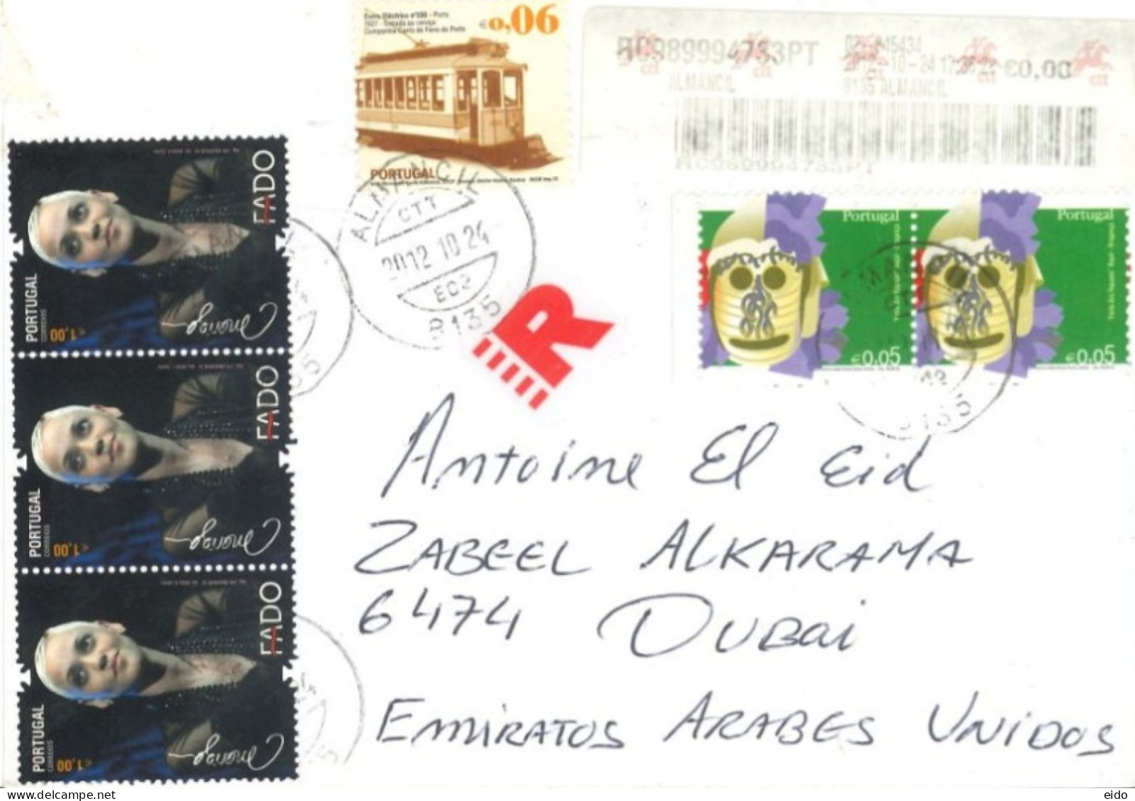PORTUGAL  - 2012, REGISTERED STAMPS COVER TO DUBAI. - Covers & Documents