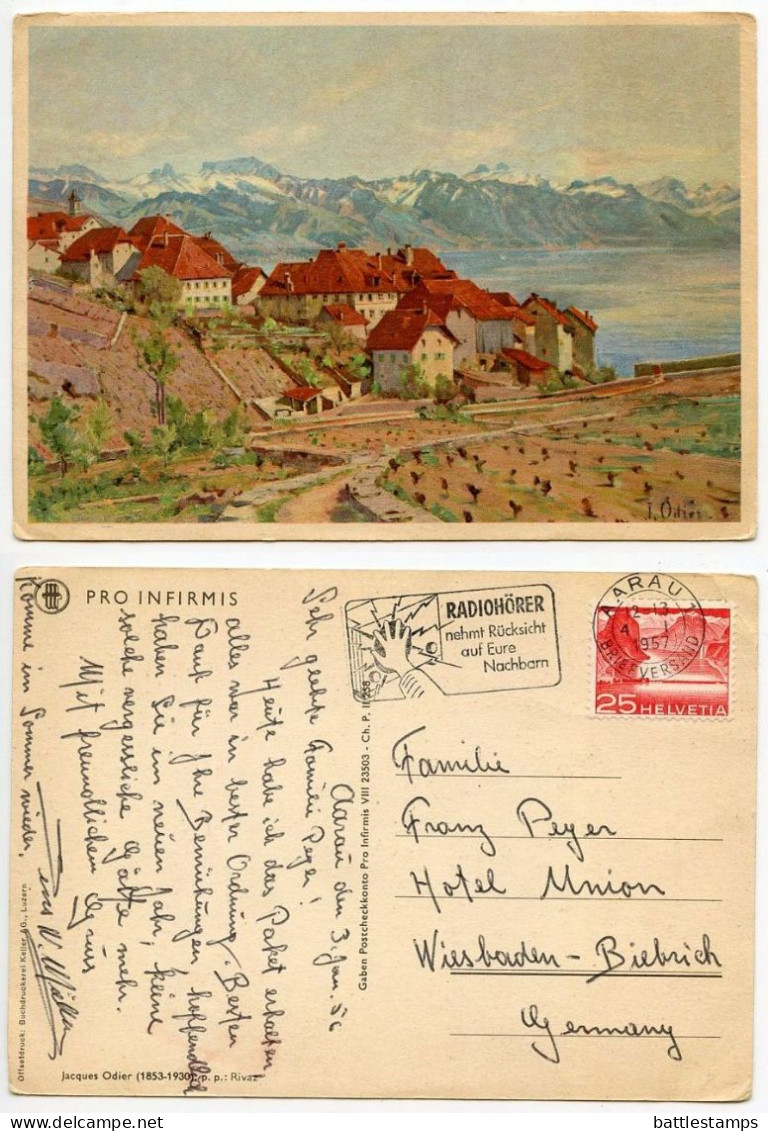 Switzerland 1957 Postcard Pro Infirmis - Painting By Jacques Odier - Rivaz; 25c. Lake Dam Stamp; Radio Slogan Cancel - Rivaz