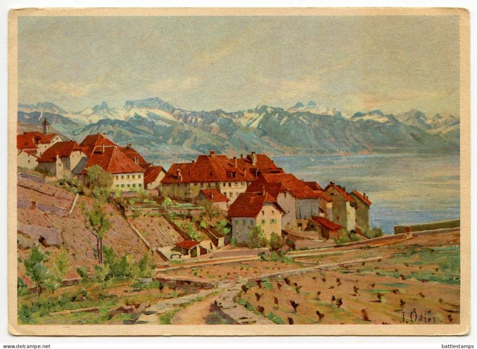 Switzerland 1957 Postcard Pro Infirmis - Painting By Jacques Odier - Rivaz; 25c. Lake Dam Stamp; Radio Slogan Cancel - Rivaz