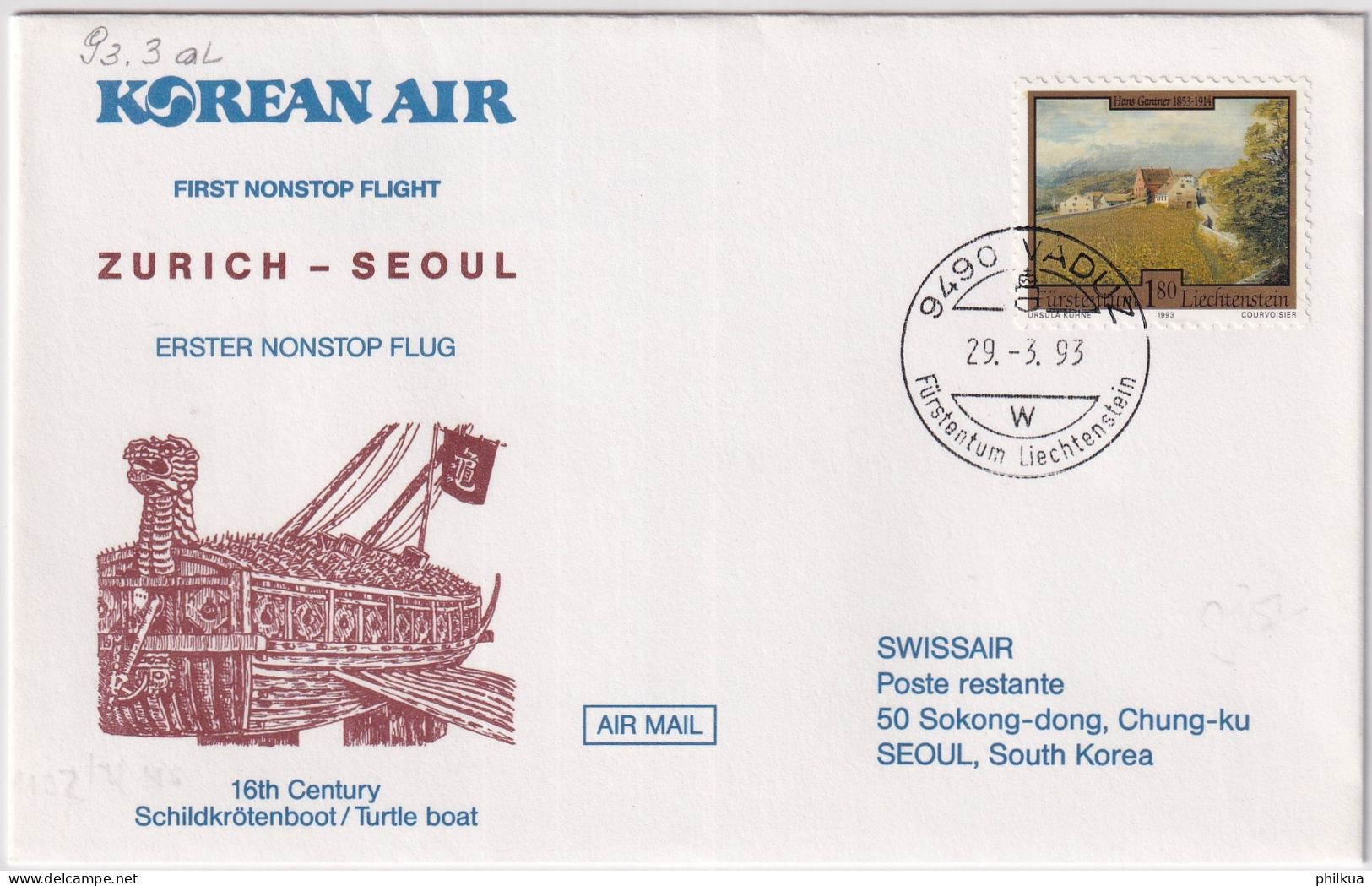 93.3. AL - Korean Air Erster Non Stop Flug Zürich - Seoul - Gelaufen Ab Liechtenstein - Air Post