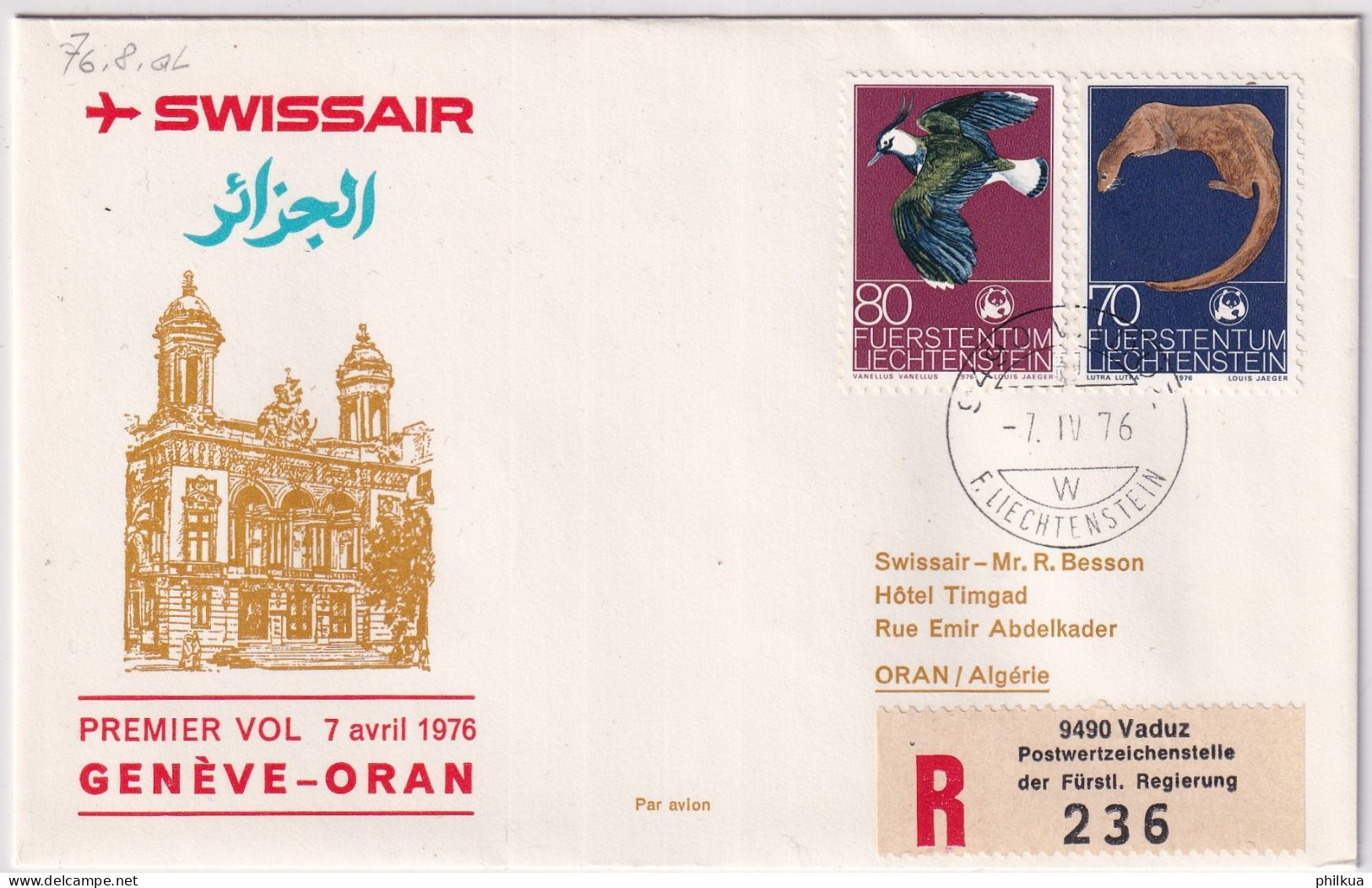 93.7. AL - SWISSAIR Erstflug  Genève - Oran - Gelaufen Ab Liechtenstein - Luchtpostzegels