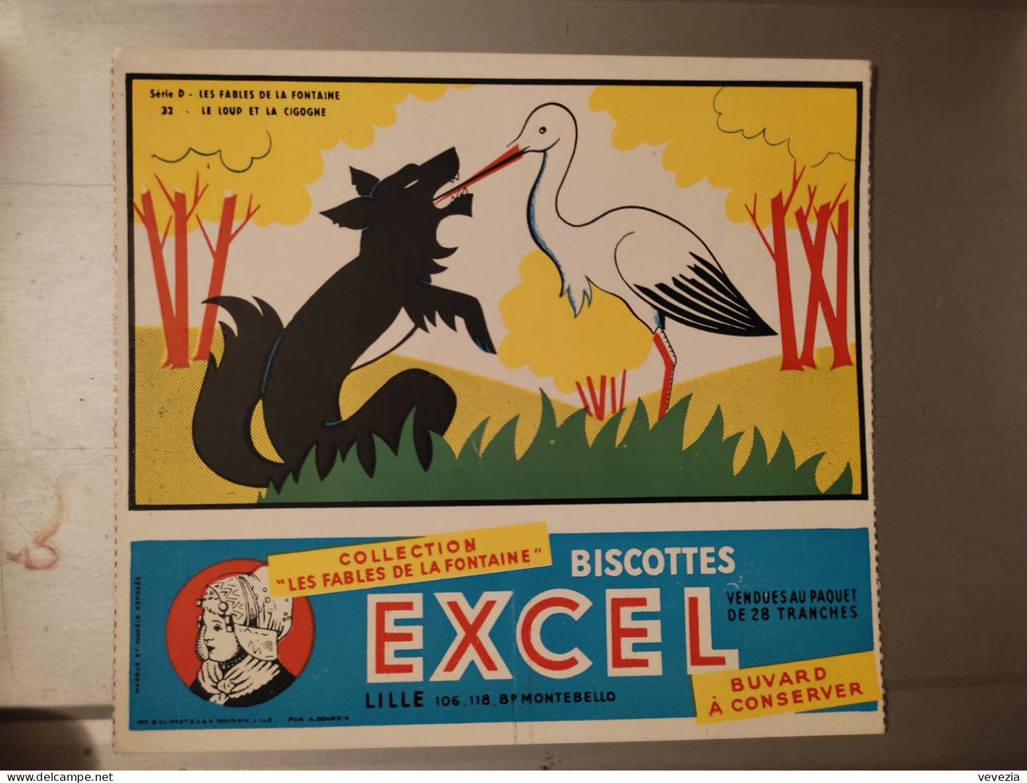 BUVARD " BISCOTTES EXCEL " , FABLES LA FONTAINE,LE HERON ,LILLE - Biscotti