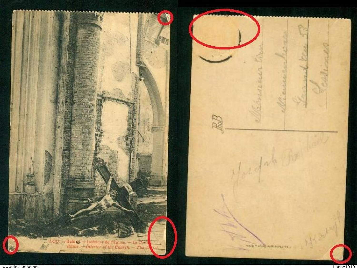 Lo Reninge Interieur Eglise Bombardement Weltkrieg 1914 Guerre Lot 2 Cartes Htje - Lo-Reninge