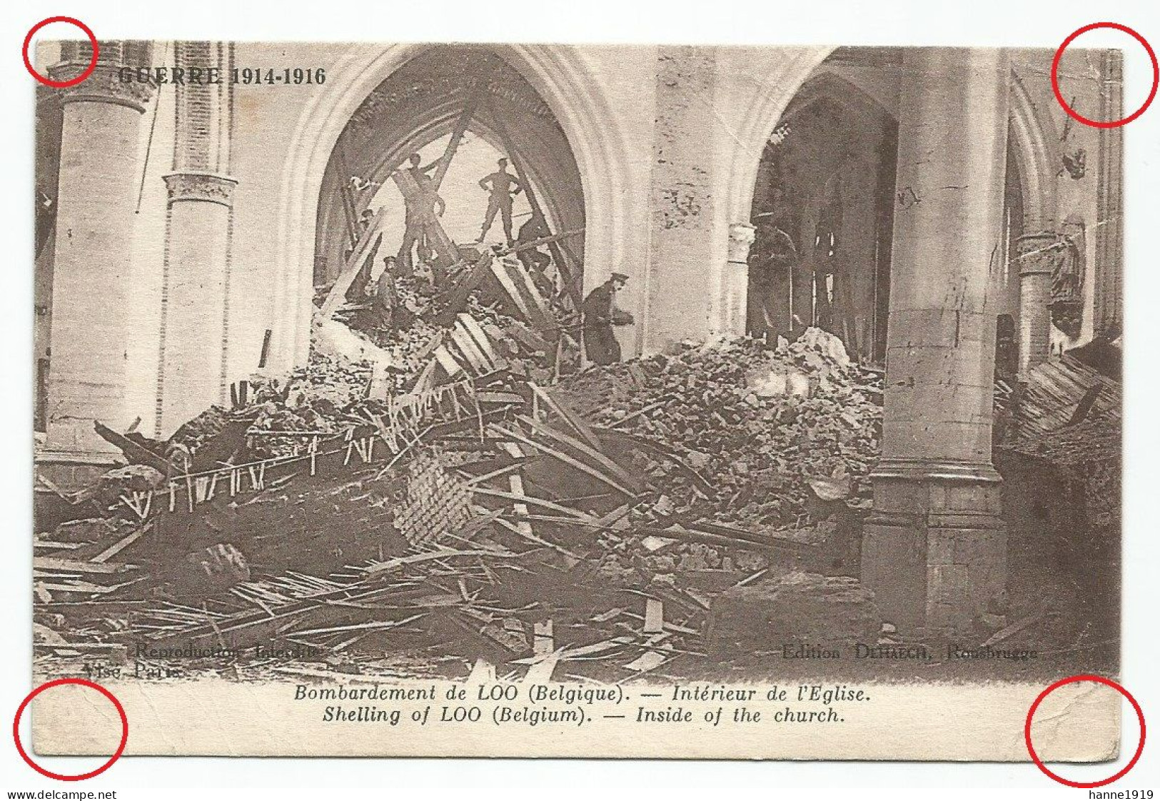 Lo Reninge Interieur Eglise Bombardement Weltkrieg 1914 Guerre Lot 2 Cartes Htje - Lo-Reninge