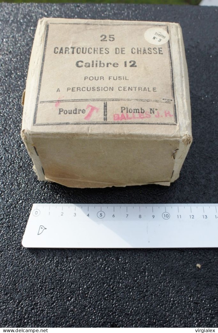 Ancienne Boite Carton 25 Cartouche Fusil Chasse Calibre 12 Percussion Centrale Poudre Poudre T Collection Chasseur Balle