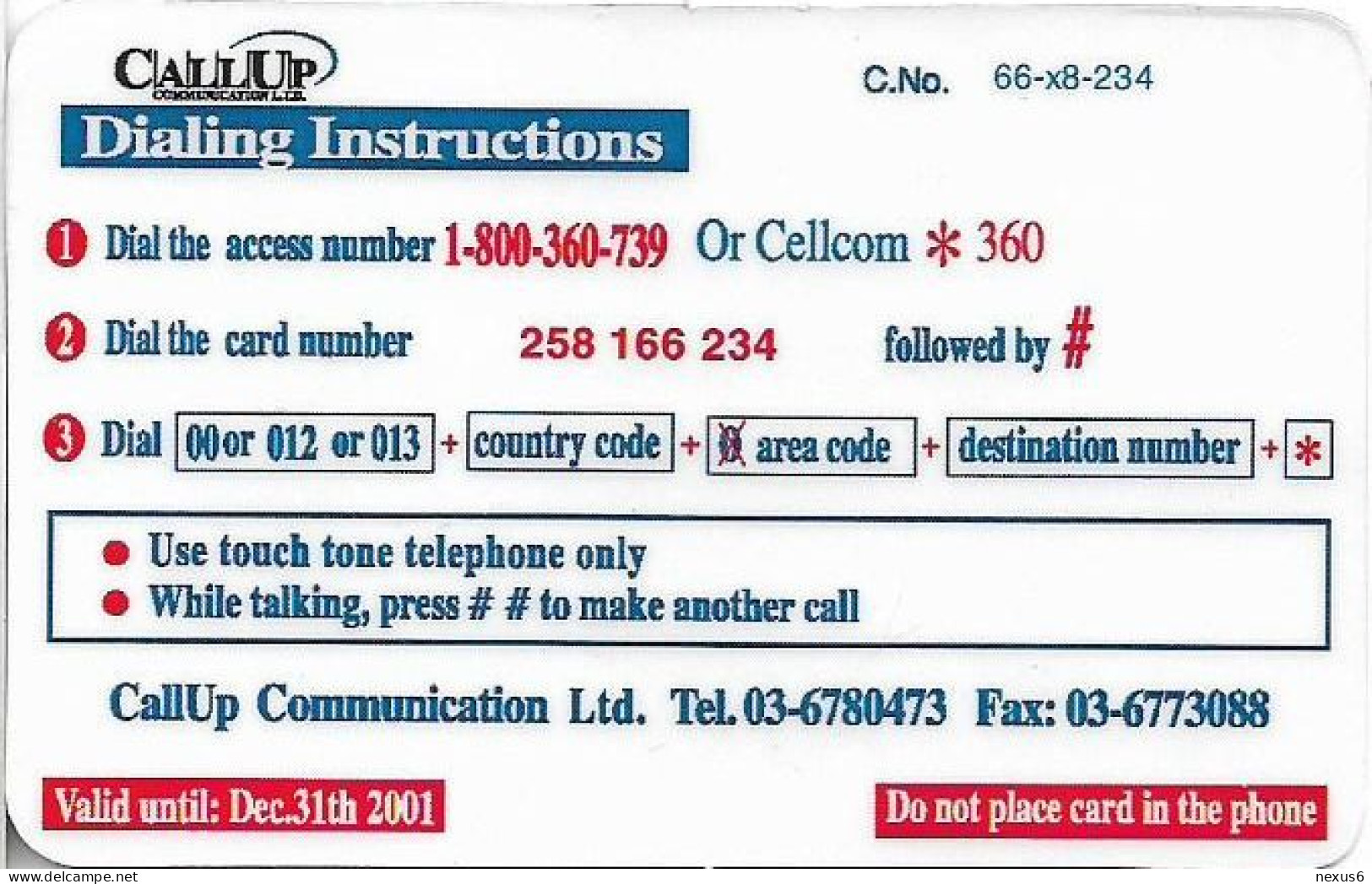 Israel - CallUp Commun. Ltd - Cheetah & Camel, Exp.31.12.2001, Remote Mem. 150Units, Used - Israël