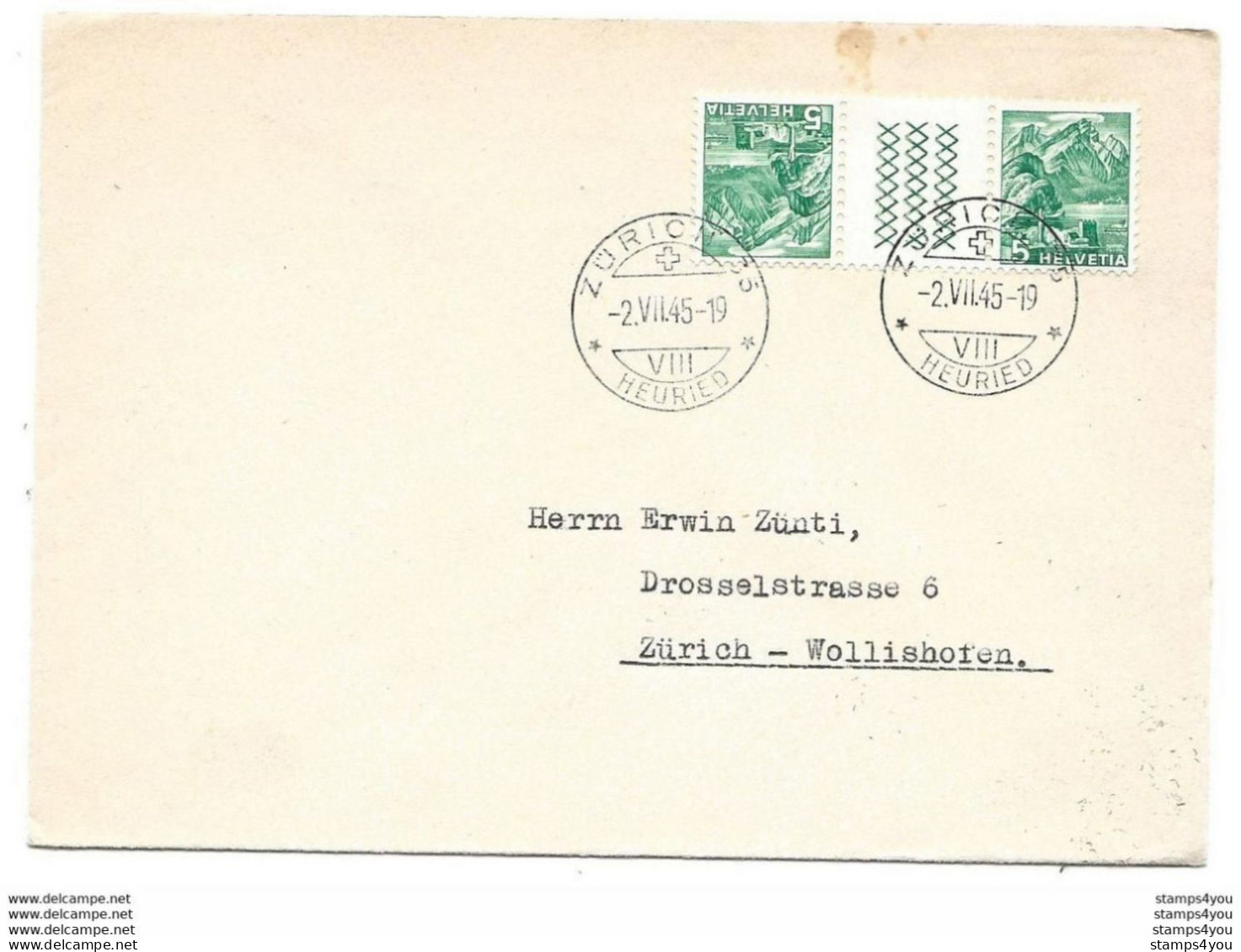 215 - 37 - Enveloppe Avec Timbre Tête-bêche/pont - Cachet à Date Zürich 1945 - Tete Beche