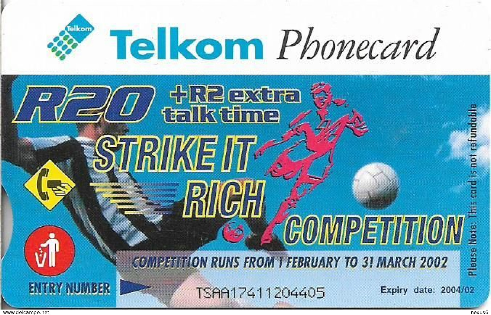 S. Africa - Telkom - Soccer Player, Cn. TSAA, Gem5 Red, Exp.02.2004, 20R, Used - Afrique Du Sud