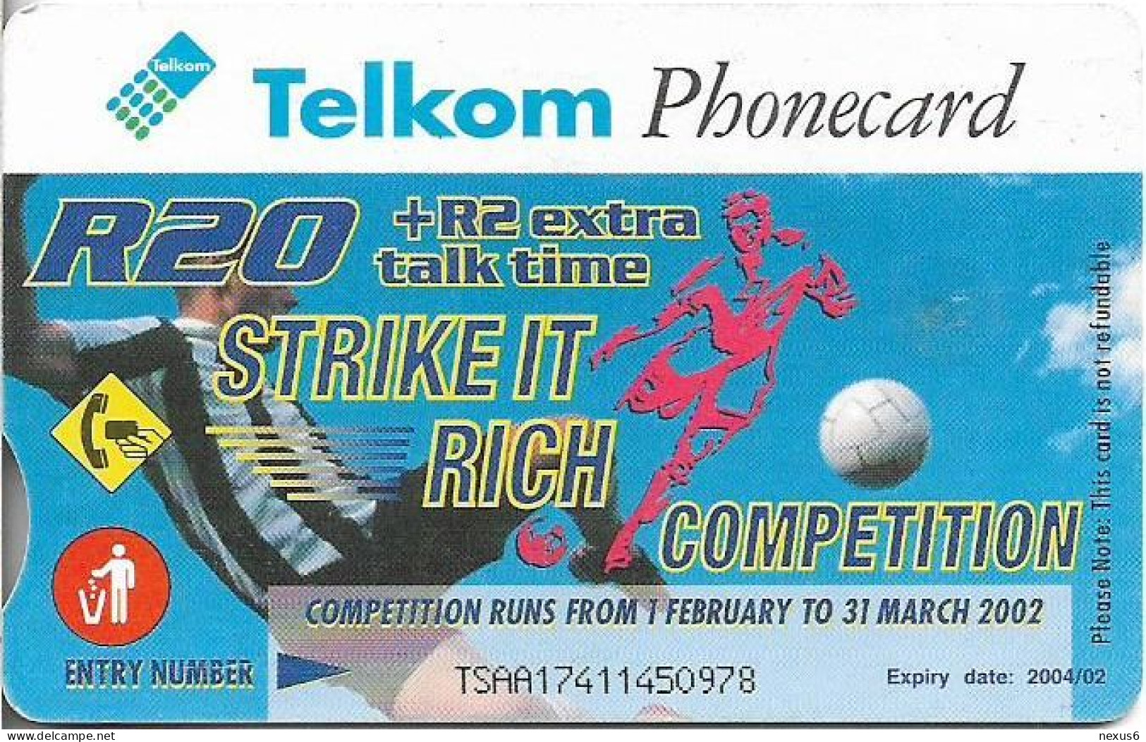 S. Africa - Telkom - Soccer Player, Cn. TSAA, Scratch (3 TV's), Gem5 Red, Exp.02.2004, 20R, Used - South Africa
