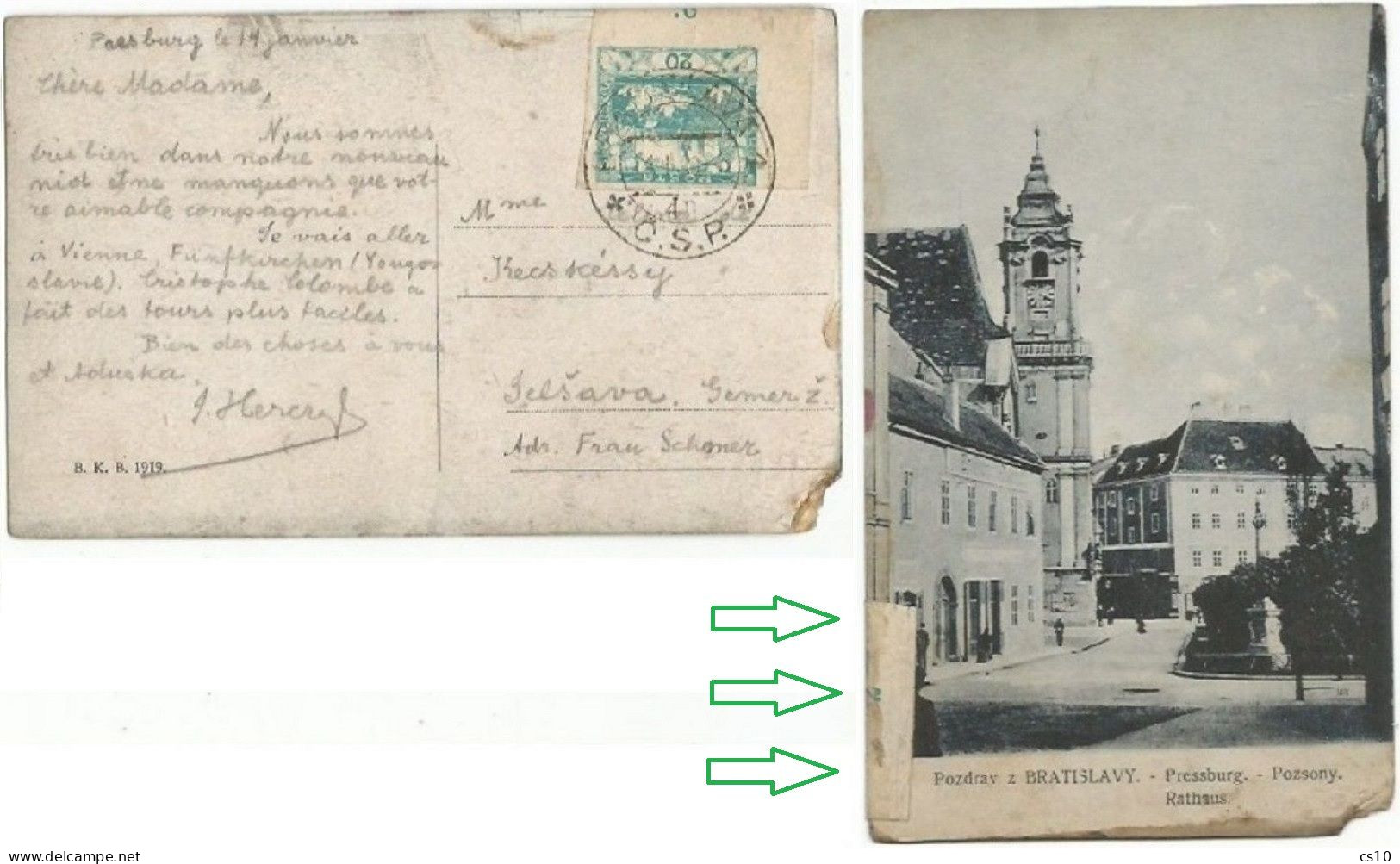 Cesckoslovensko Hradschin Imperf H.20 (#4) With Cpl Sheet Corner + Value NUMBER On PPC Bratislava 14jan1920 - Variétés Et Curiosités