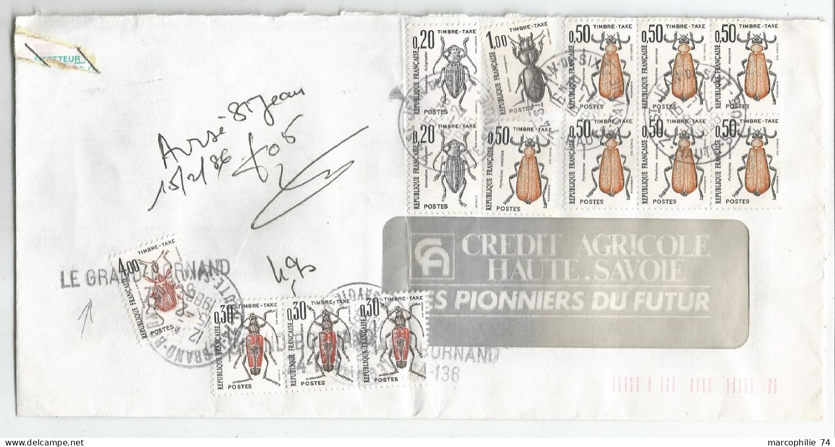 TAXE INSECTES 50CX7+20CX2+1FR GRANDE LETTRE A FENETRE ST JEAN DE SIXT HAUTE SAVOIE 1985+ 4FR+30CX3 GRAND BORNAND - Storia Postale