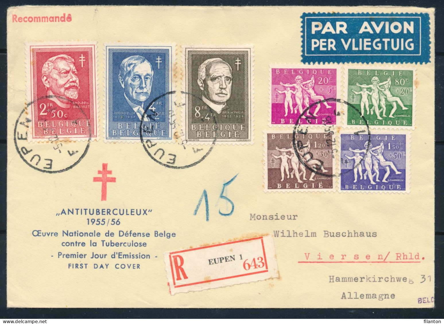 BELGIE - OCB Nr 979/985 Op FDC Aangetekend 05/12/55 Van "EUPEN" Naan "VIERSEN" (D) - Cote 100,00 EUR - (ref. 85) - 1951-1960