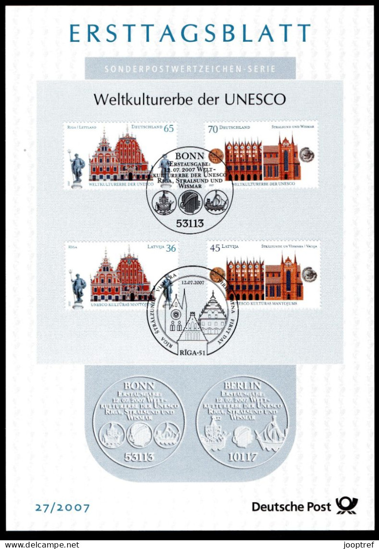 2007 Joint Germany And Latvia, MIXED FDC FIRSTDAY LEAF 2+2 STAMPS: World Heritage Sites - Emissions Communes
