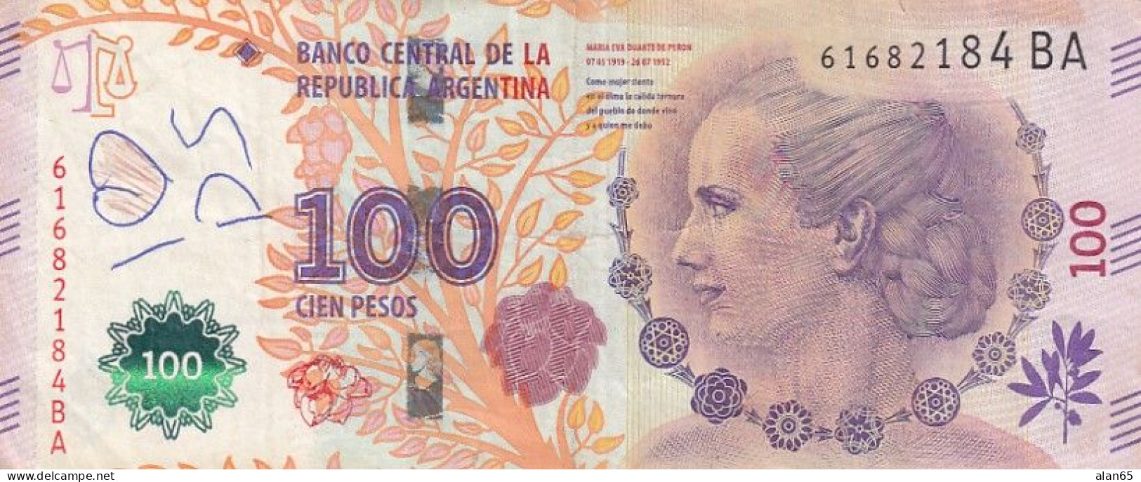 Argentina #358b, (2012) 100 Pesos Banknote, Eva Peron - Argentina