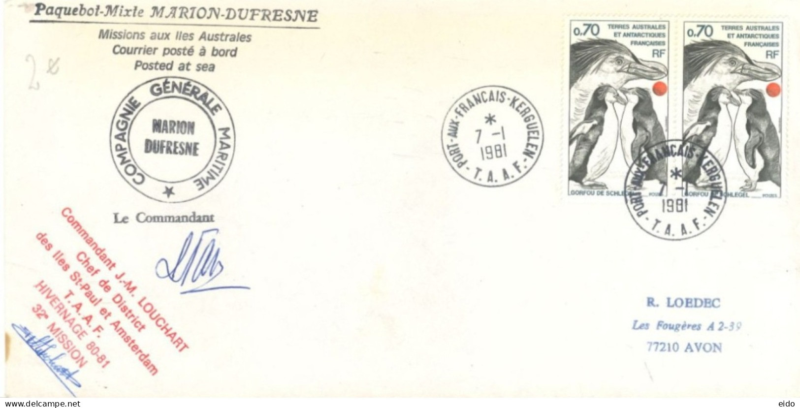 AUSTRALIAN ANTARCTIC TERRITORY - 1981, POSTED AT SEA SPECIAL COVER SIGNED BY COMMANDER J.M. LOUCHART SENT TO AVON FRANCE - Covers & Documents