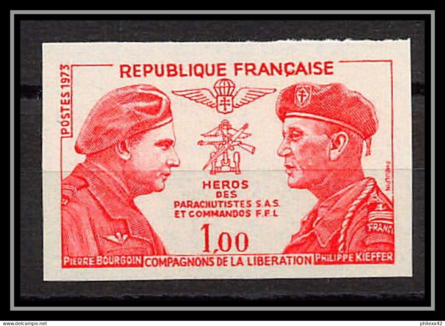 France N°1773 Bourgoin Kieffer Héros Parachutistes SAS Resistance Essai Trial Proof Non Dentelé ** Imperf 1973 - Farbtests 1945-…