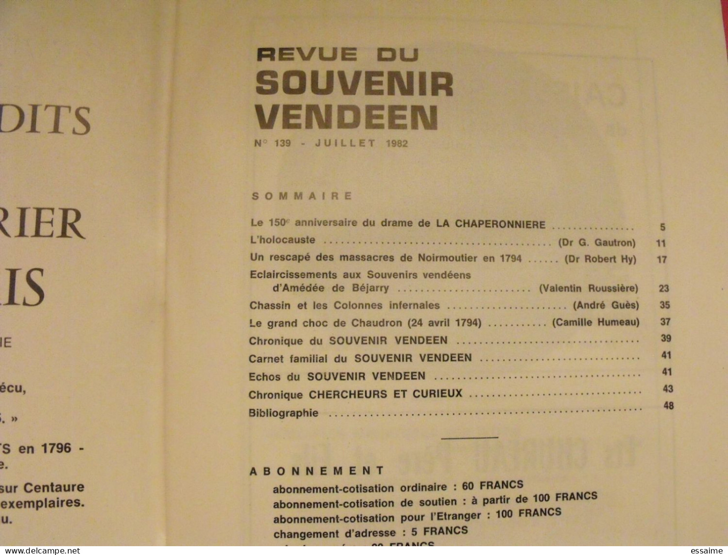 Revue Du Souvenir Vendéen. Juillet 1982, N° 139. Vendée Chouan D'Elbée Holocauste Noirmoutier Chassin Chaudron Béjarry - Pays De Loire