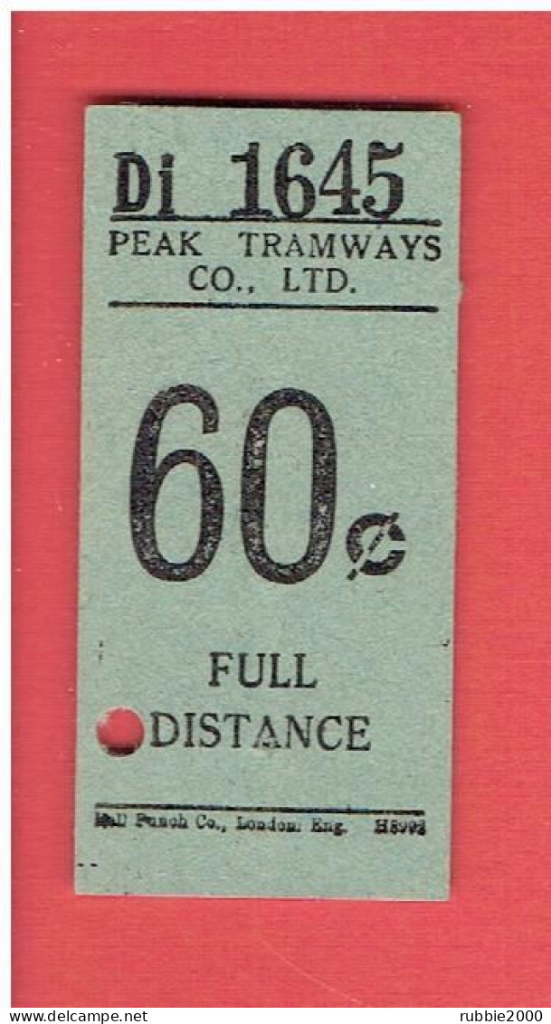 HONG KONG 1959 Peak Tramways Ticket , 60 Cents - Full Distance - Hongkong Tram BILLET DE TRAMWAY DE HONG KONG - Mundo