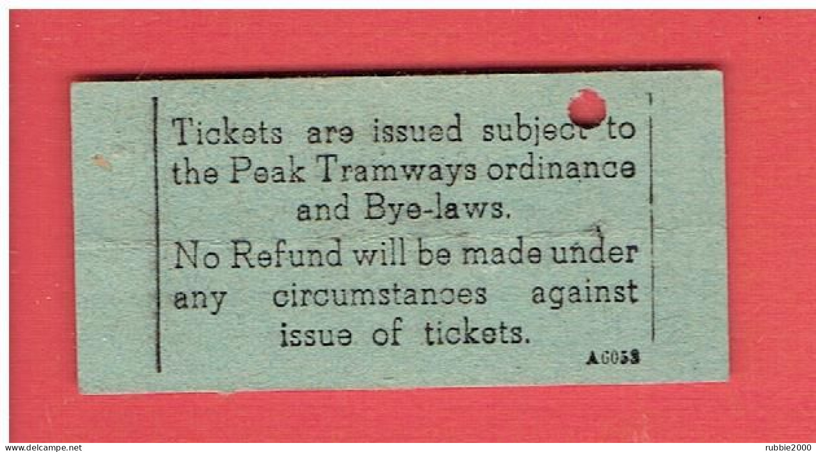 HONG KONG 1959 Peak Tramways Ticket , 60 Cents - Full Distance - Hongkong Tram BILLET DE TRAMWAY DE HONG KONG - Welt