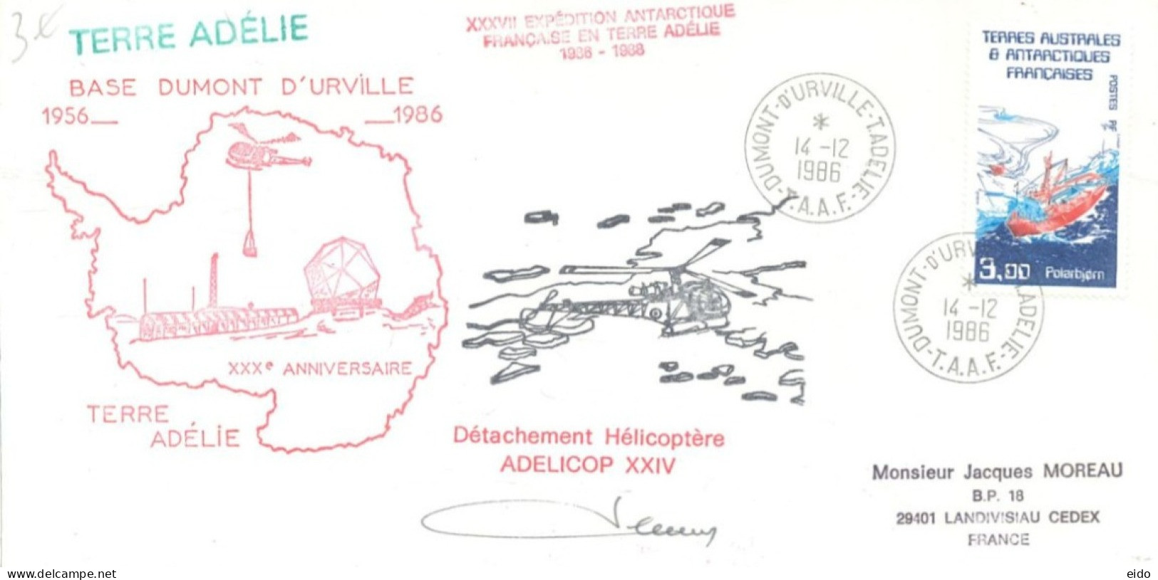 AUSTRALIAN ANTARCTIC TERRITORY - 1986, SPECIAL STAMP COVER SIGNED BY ADELICOP XXIV SENT TO FRANCE. - Cartas & Documentos