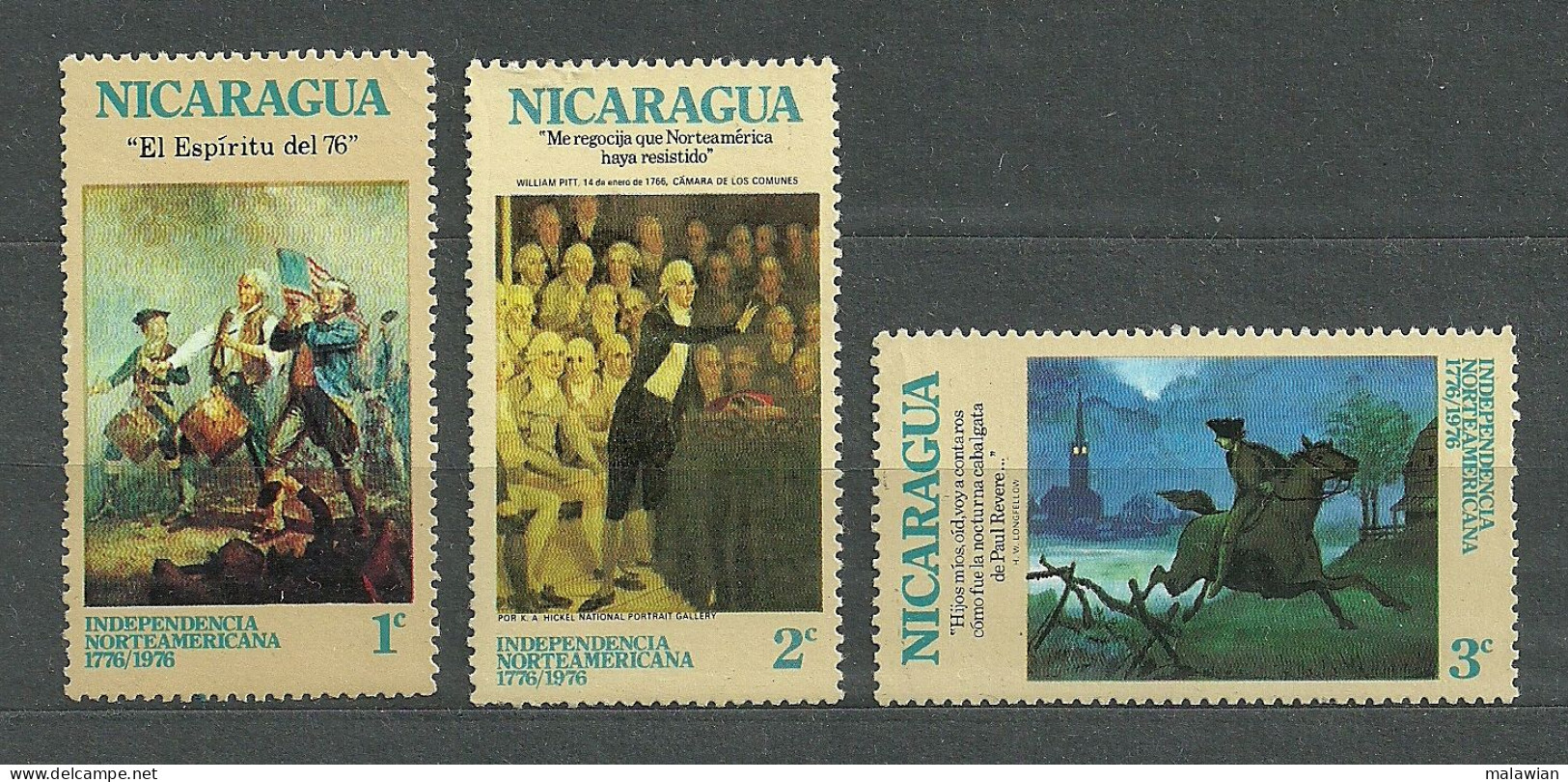 Nicaragua, 1975 (#1903-05a), Willard Pitt Parlament Revere Battle Paintings Art Flag Animals Fauna Horses Mammals - Independecia USA