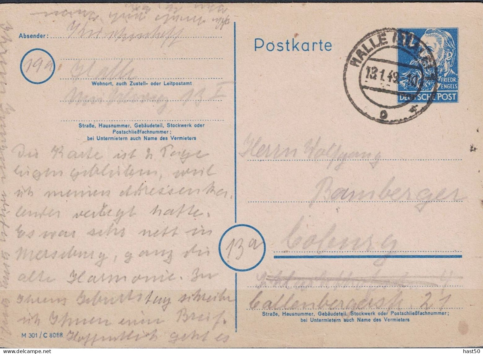 Alliierte Bes. SBZ - Postkarte Engels (MiNr: P 36a/01) 1948 - Gelaufen - Ganzsachen