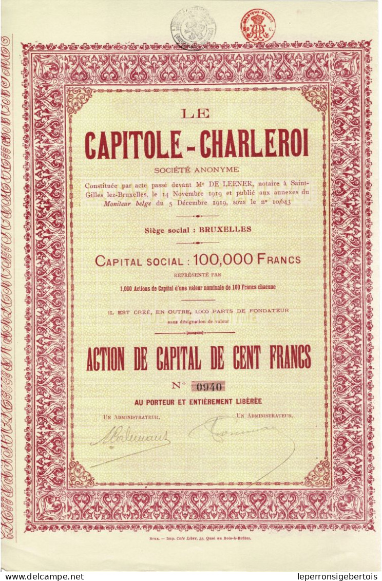 - Titre De 1919 - Le Capitole - Charleroi - Société Anonyme  - N° 0969 - Cinéma & Theatre