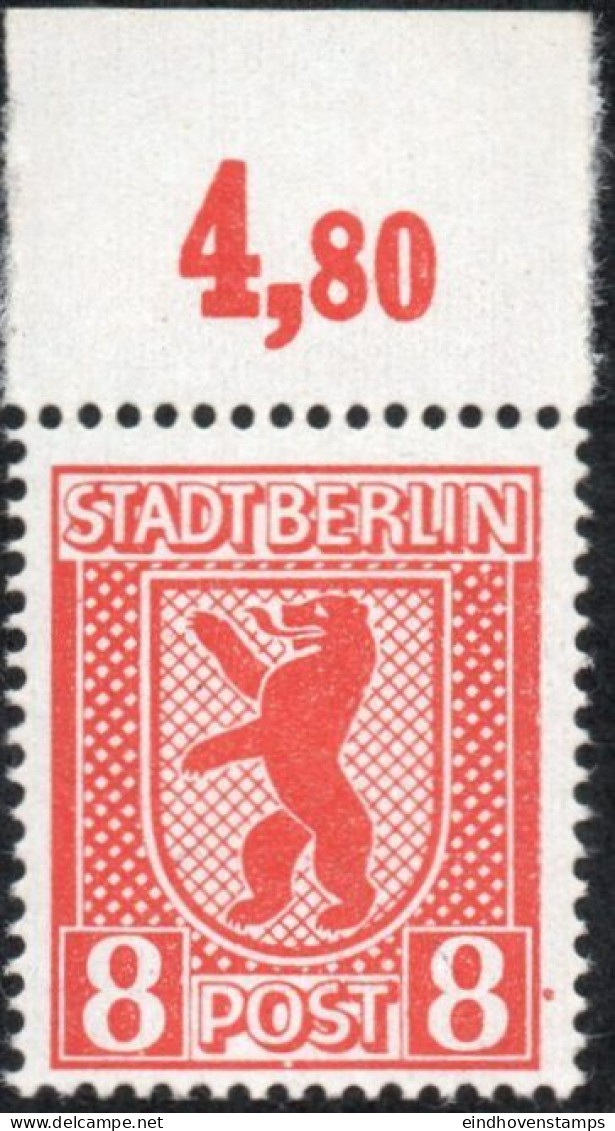 Germany 1945 Stadt Berlin 8 Pf Paper VX Plateflaw Mi XI MNH Certified Ströh Dot Next To Right Frame Line - Berlin & Brandebourg