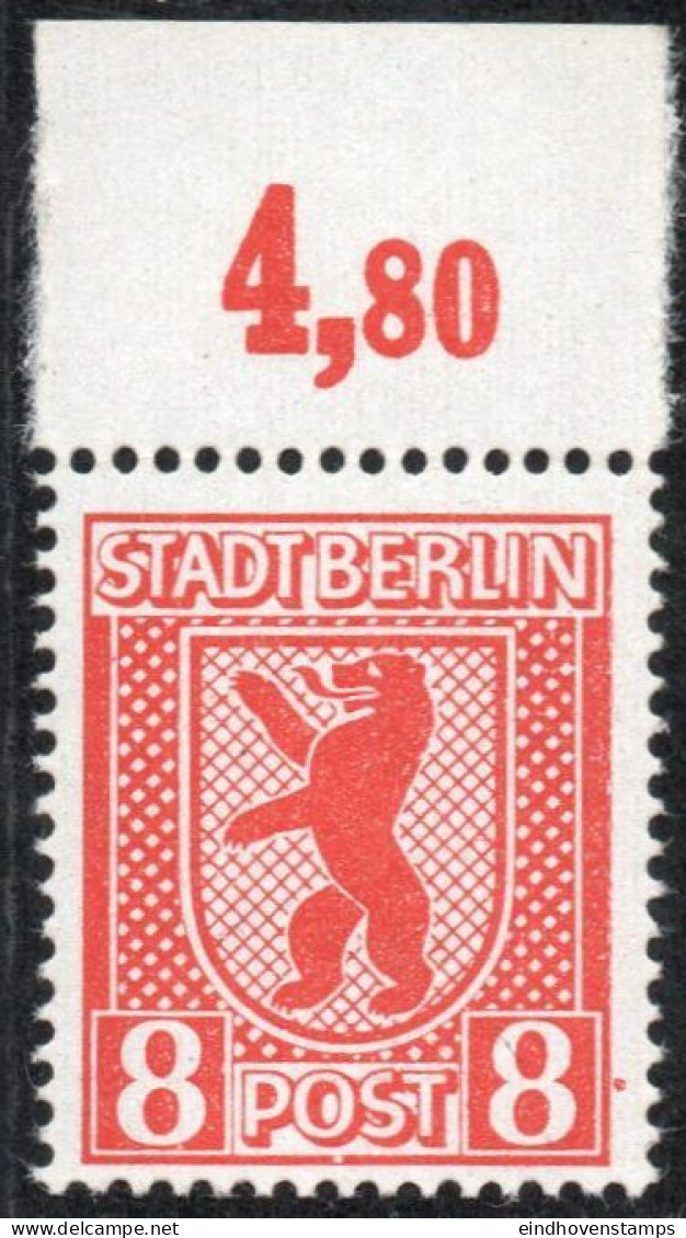 Germany 1945 Stadt Berlin 8 Pf Paper UY Plateflaw Mi XI MNH Certified Ströh Dot Next To Right Frame Line - Berlin & Brandenburg