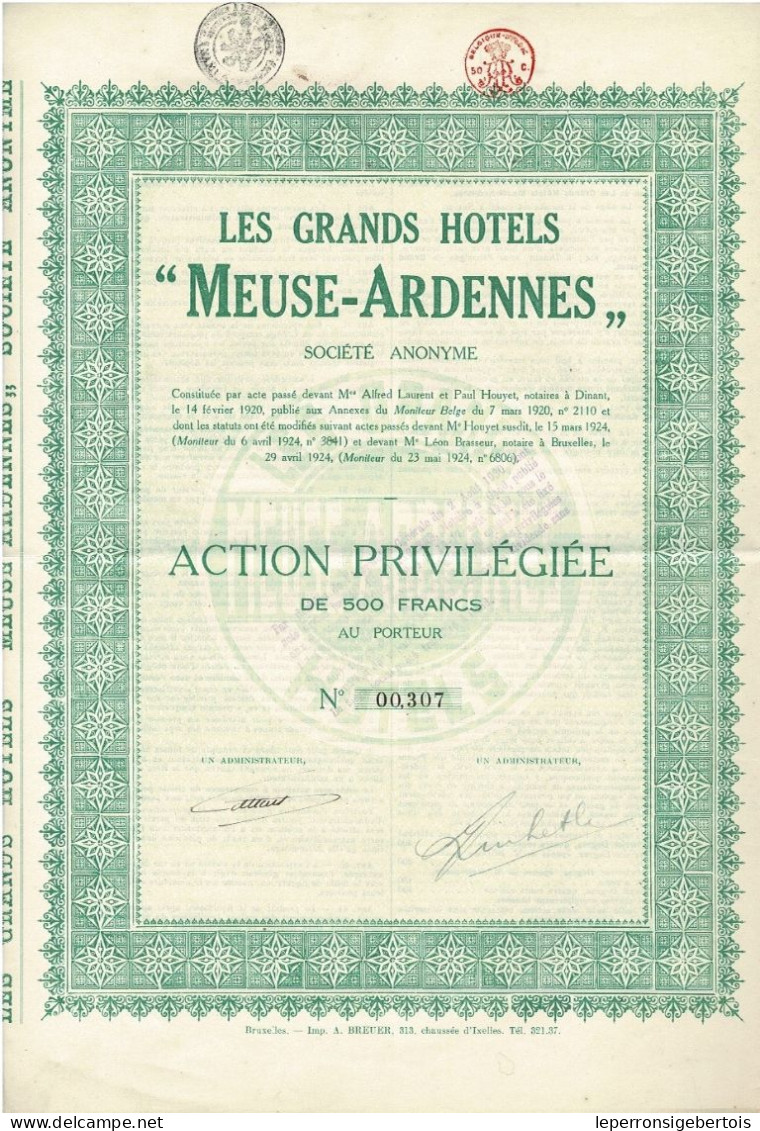 - Titre De 1924 - Les Grands Hôtels "Meuse-Ardennes" - Belgique - Tourism