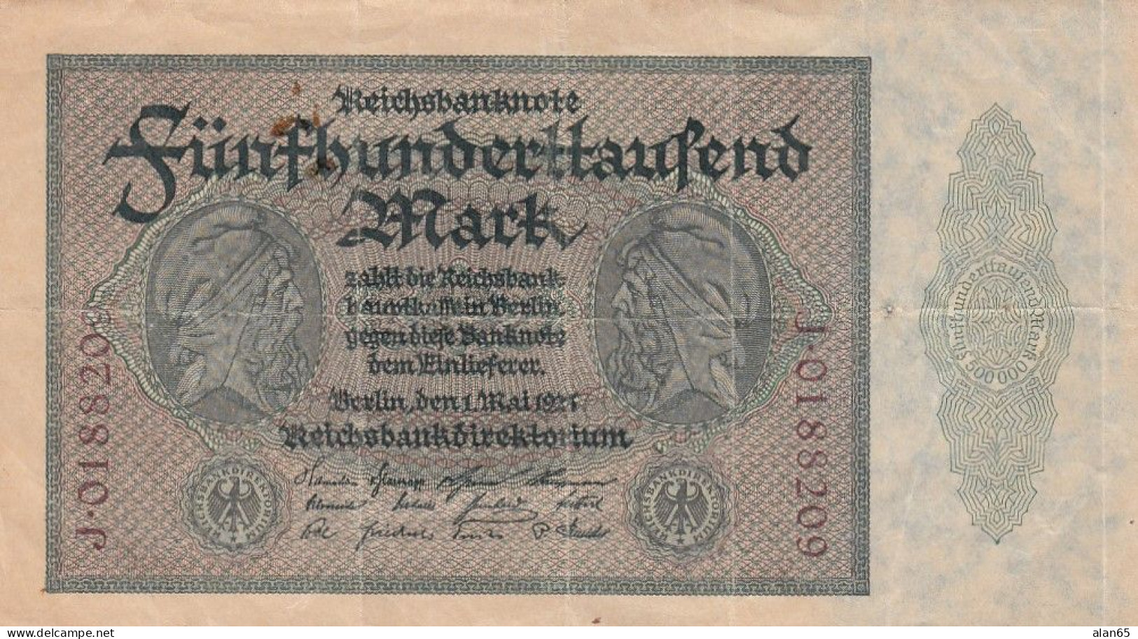 Germany #88b, 500,000 Mark 1923 Banknote - 500 Miljoen Mark